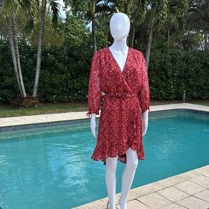 NWT Silk Red Floral Wrap Dress with Lace Trim